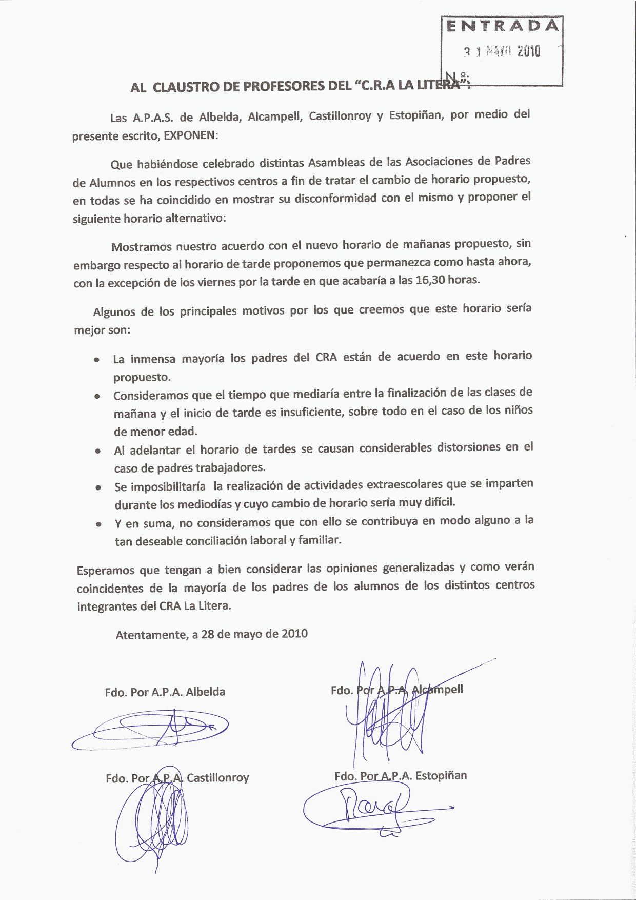 APAs de Albelda, Alcampell, Castillonroy y Estopiñ&aacute;n, 28 de mayo de 2010 - carta al claustro de profesores
